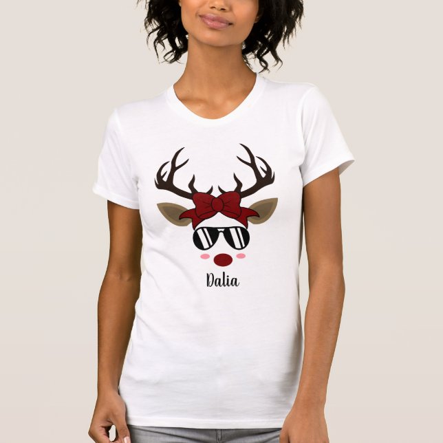 T-shirt Christmas Reindeer lunettes de soleil noir cheveux (Devant)