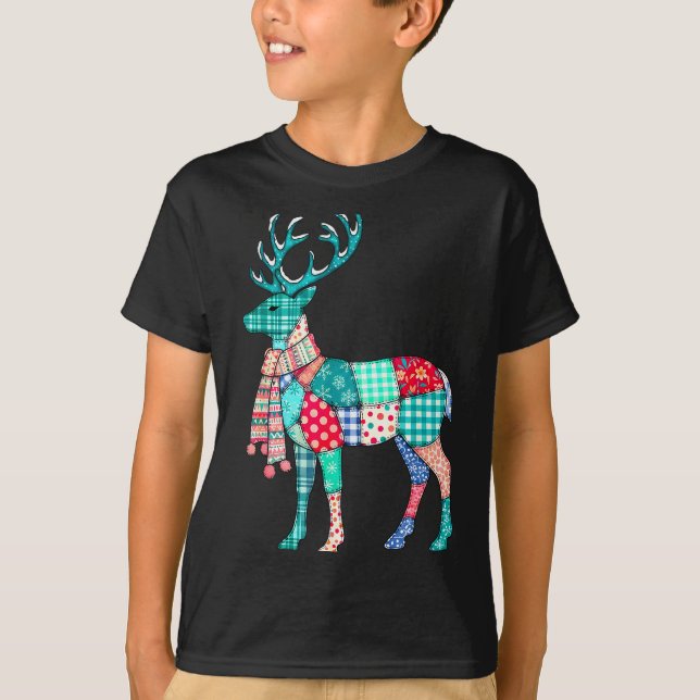 T-shirt Christmas Reindeer Patchwork Reindeer Men Women Ki (Devant)