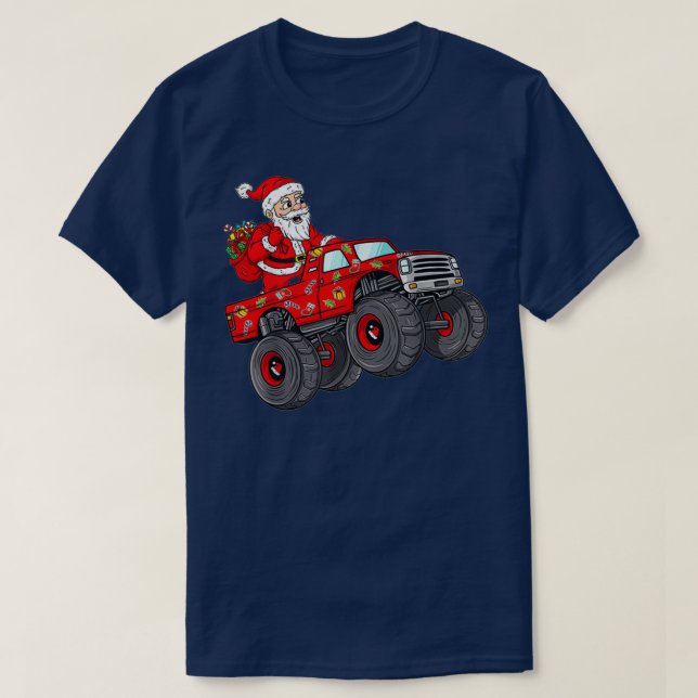 T-shirt Christmas Santa Claus Riding Monster Truck Boys Ki (Design devant)