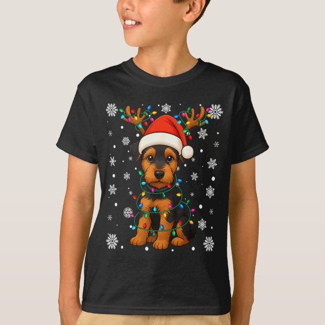 T-shirt Christmas Santa Hat Reindeer Airedale Terrier Love (Devant)