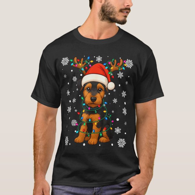 T-shirt Christmas Santa Hat Reindeer Airedale Terrier Love (Devant)