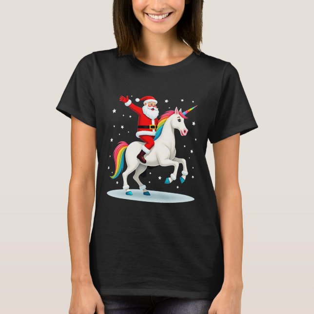 T-shirt Christmas Santa Riding Unicorn Xmas Girls Women Ra (Devant)