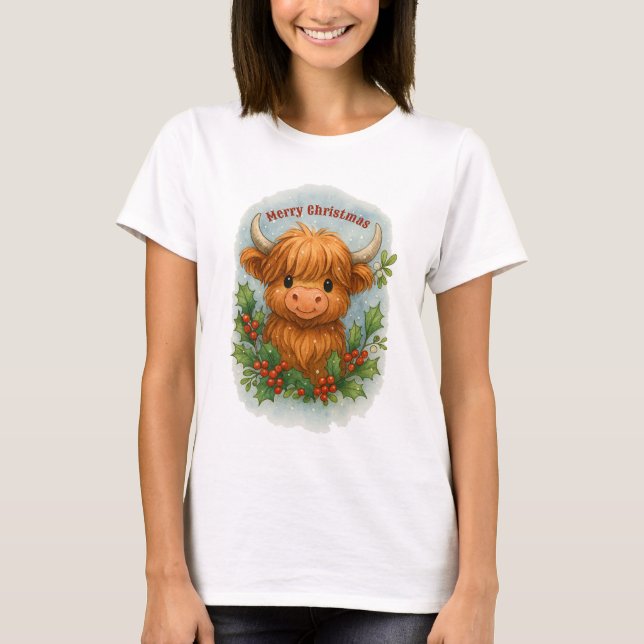 T-shirt Christmas Scottish Highland Cow Holly & Mistletoe (Devant)