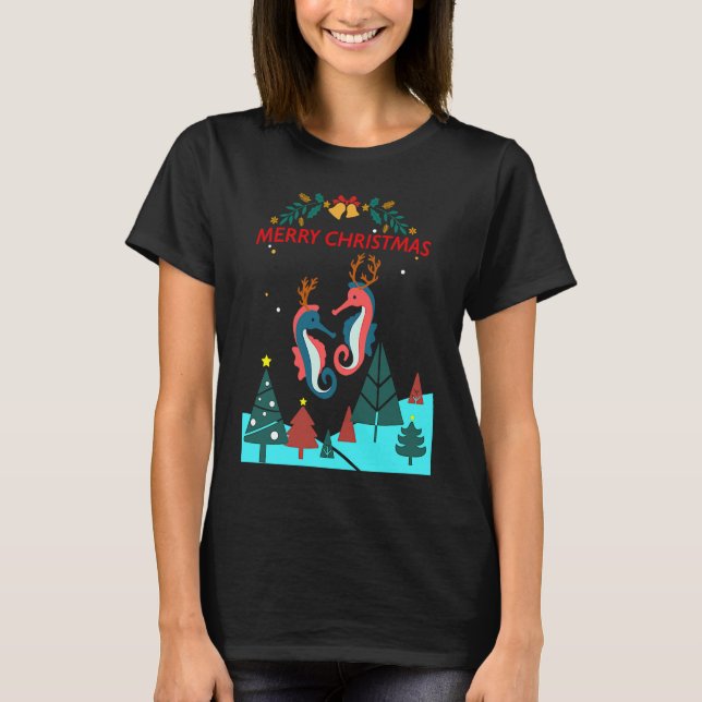 T-shirt Christmas Seahorse Reindeer With Holiday Decorativ (Devant)