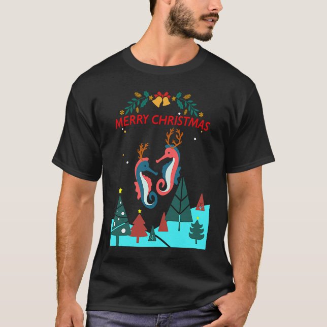 T-shirt Christmas Seahorse Reindeer With Holiday Decorativ (Devant)
