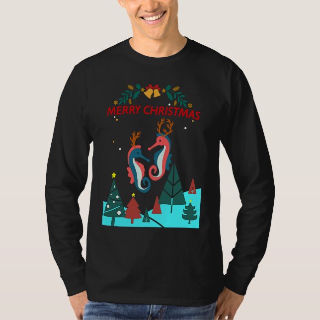 T-shirt Christmas Seahorse Reindeer With Holiday Decorativ (Devant)