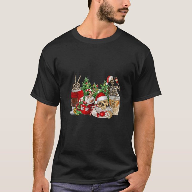 T-shirt Christmas Skeleton Cups café Xmas Tree Lights Pa (Devant)
