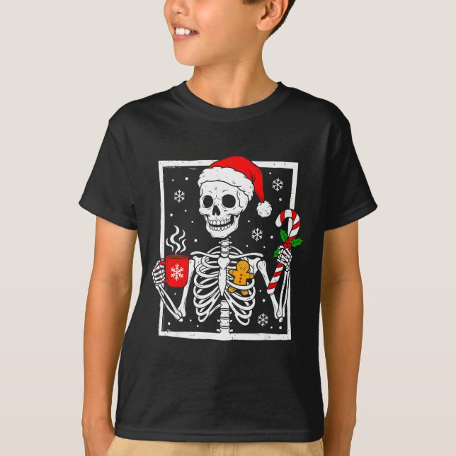 T-shirt Christmas Skeleton Hat Santa Coffee Candy Cane Xma (Devant)