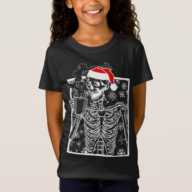 T-Shirt Christmas Skeleton with Smiling Skull drinking Cof (Devant)