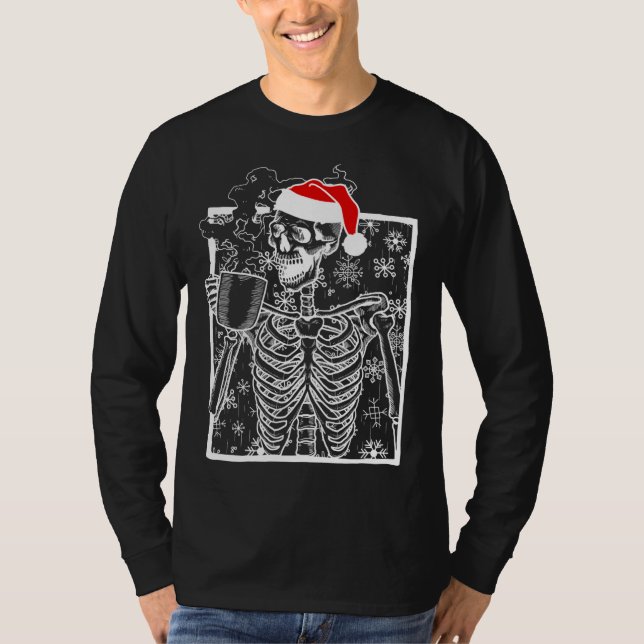 T-shirt Christmas Skeleton with Smiling Skull drinking Cof (Devant)