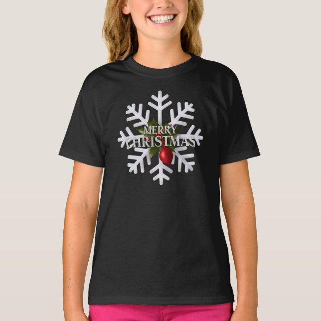 T-shirt Christmas Snowflake And Shy Red Berry (Devant)