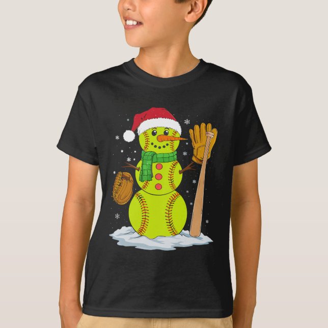 T-shirt Christmas Snowman Softbyll Pitcher Boys Kids Teens (Devant)