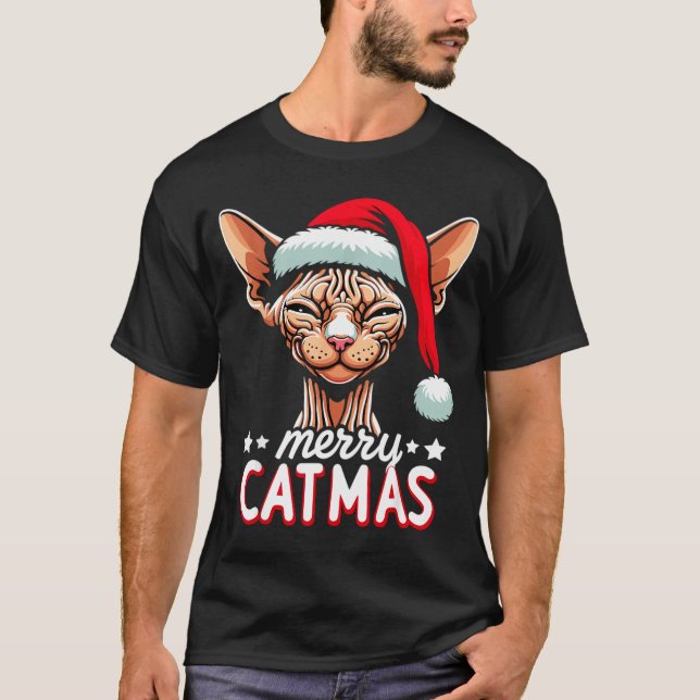 T-shirt Christmas Sphynx Cat Merry Catmas Santa Hat Xmas  (Devant)