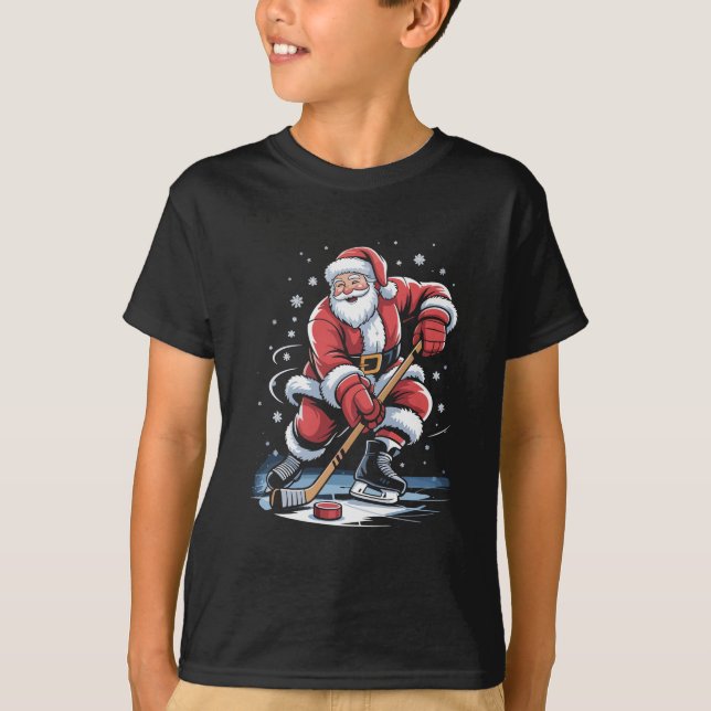 T-shirt Christmas Sports Santa Plays Ice Hockey Xmas  (Devant)