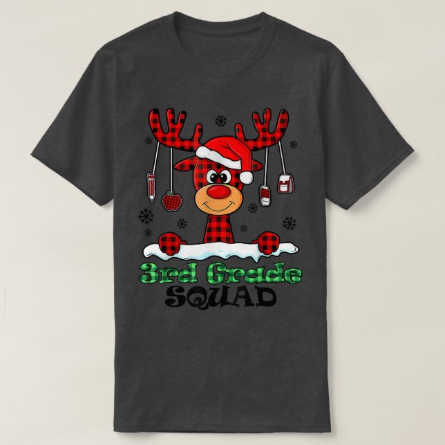 T-shirt Christmas Squad Plaid Reindeer Santa Hat 3rd Grade (Design devant)