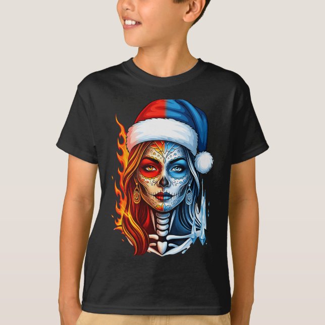 T-shirt Christmas Sugar Skull Art Woman Santa Hat Fantasy  (Devant)