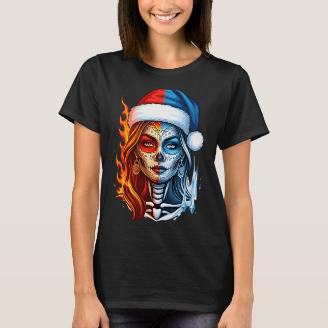T-shirt Christmas Sugar Skull Art Woman Santa Hat Fantasy  (Devant)
