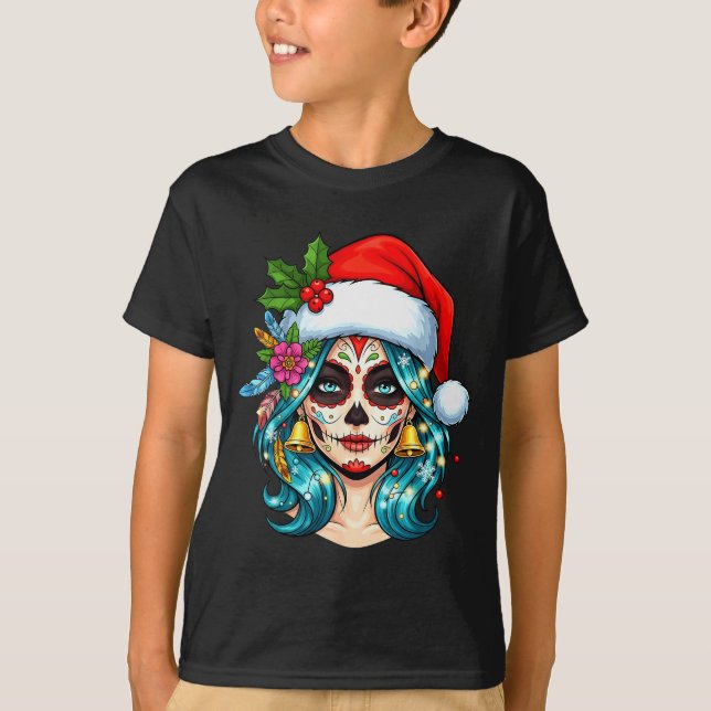 T-shirt Christmas Sugar Skull Art Woman Santa Hat Festive  (Devant)