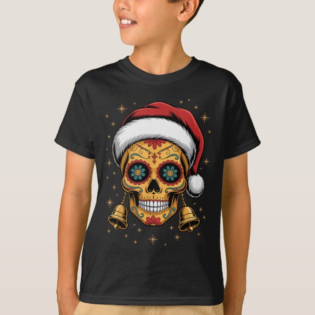 T-shirt Christmas Sugar Skull Art Woman Santa Hat Festive  (Devant)