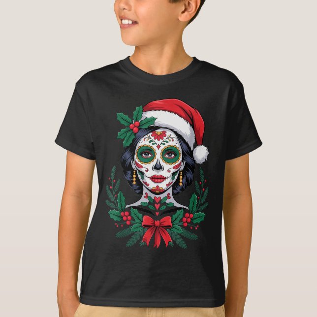 T-shirt Christmas Sugar Skull Art Woman Santa Hat Festive  (Devant)