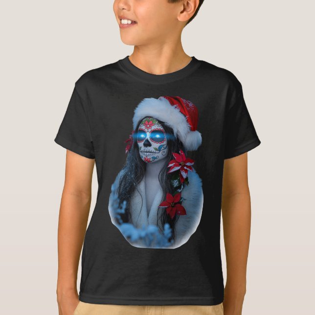 T-shirt Christmas Sugar Skull Art Woman Santa Hat Festive  (Devant)