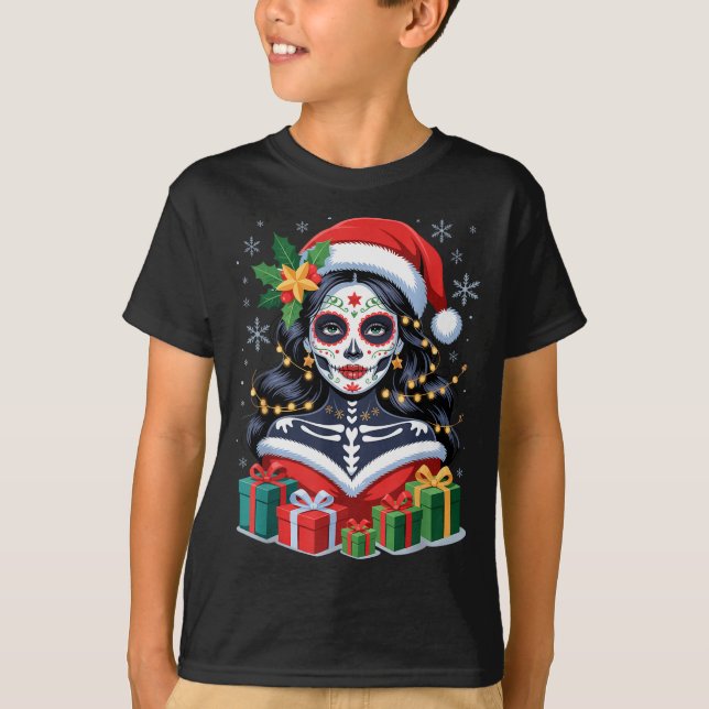 T-shirt Christmas Sugar Skull Art Woman Santa Hat Festive  (Devant)