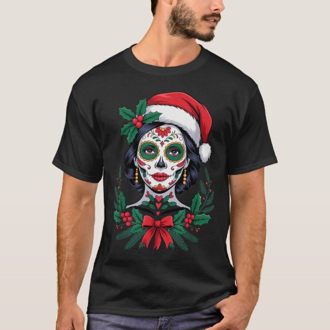 T-shirt Christmas Sugar Skull Art Woman Santa Hat Festive  (Devant)