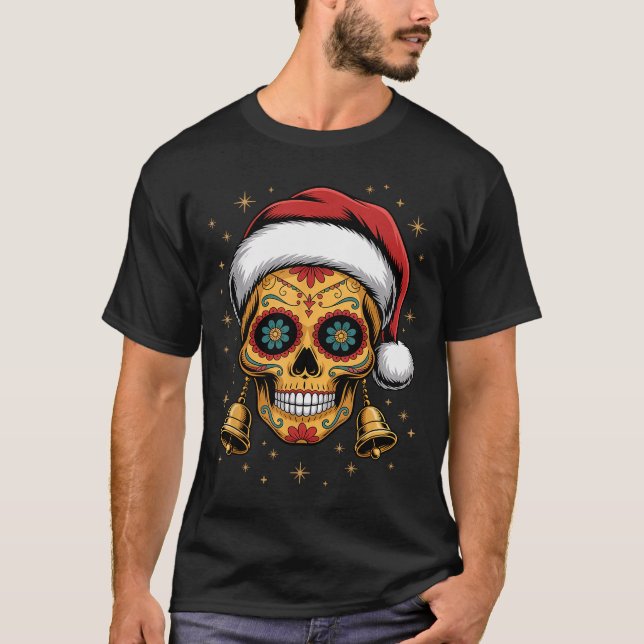 T-shirt Christmas Sugar Skull Art Woman Santa Hat Festive  (Devant)