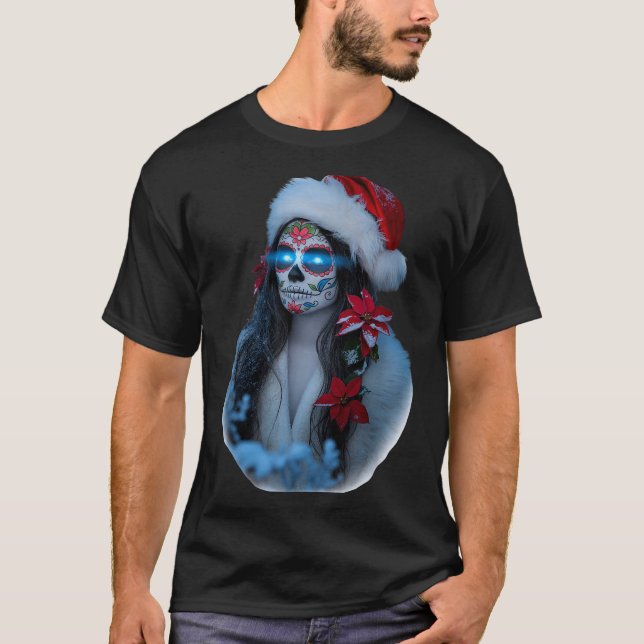 T-shirt Christmas Sugar Skull Art Woman Santa Hat Festive  (Devant)