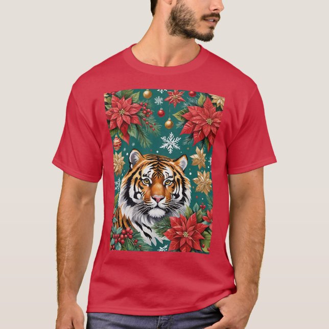 T-shirt Christmas Tiger With Poinsettias & Snowflakes (Devant)