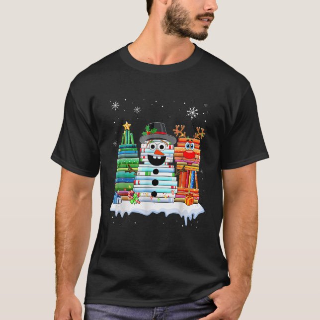 T-shirt Christmas Tree Snowman Reindeer Book Stack Tee Lib (Devant)