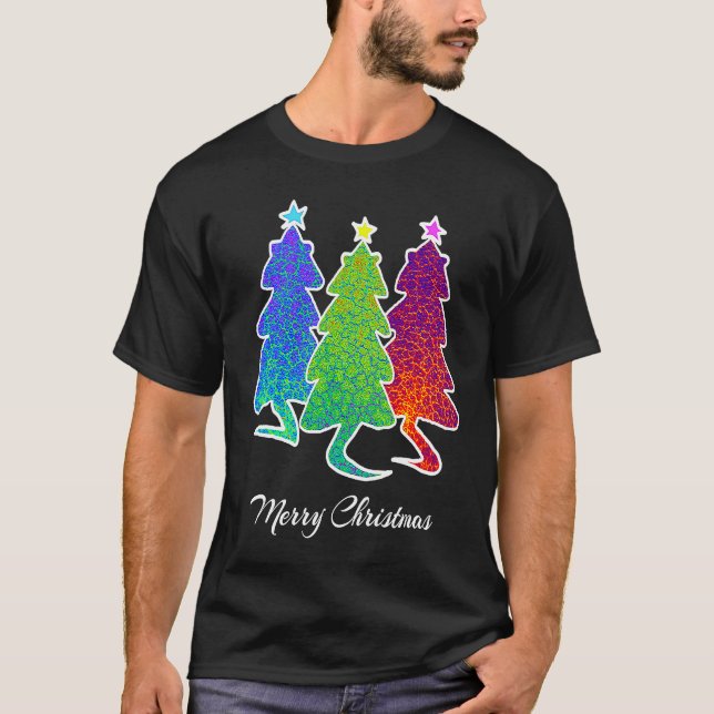 T-shirt Christmas Trees Cat Lizard Dinosaur Rat Blue Green (Devant)