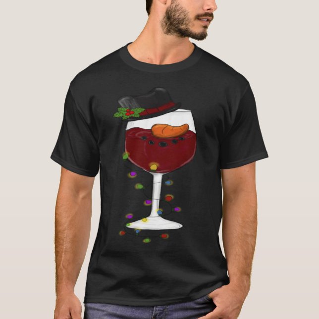 T-shirt Christmas Wine Glass Santa Hat  Holiday (Devant)