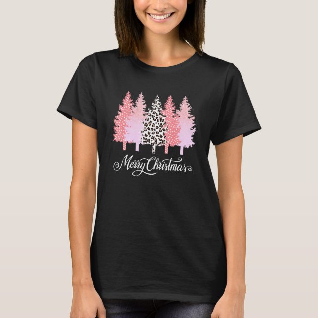 T-shirt Christmas Womens Girls Pink Tree Christmas Leopard (Devant)