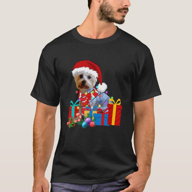 T-shirt Christmas Yorkshire Terrier Dog Xmas Lights Santa  (Devant)