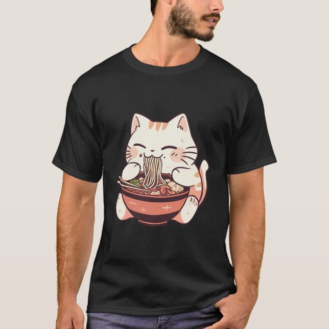 T-shirt Chubby Neko Chat Anime Manger Ramen Cute (Devant)