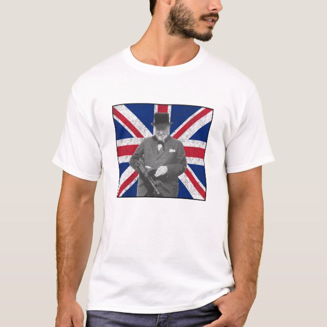 T-shirt Churchill posant avec une arme à feu de Tommy (Devant)