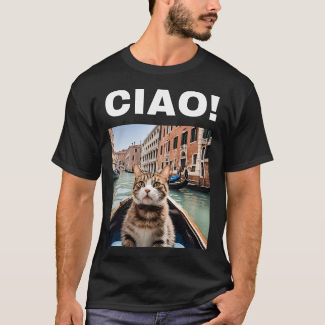 T-shirt Ciao Chat Gondolier Drôle Sur Une Gondole Vénitien (Devant)