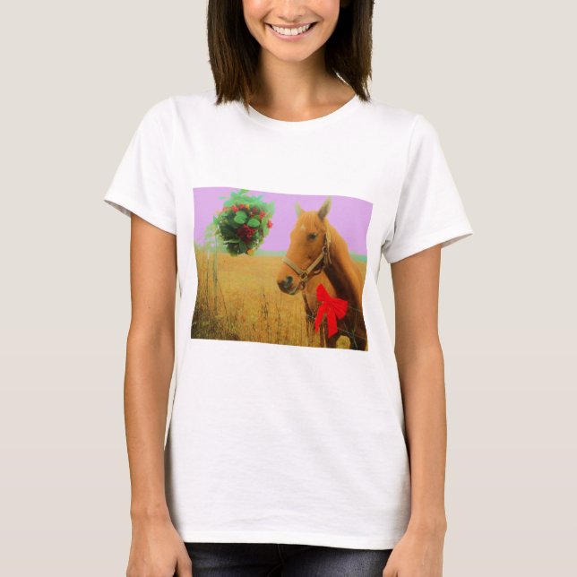 T-shirt Ciel rose rétro Cheval de Noël (Devant)