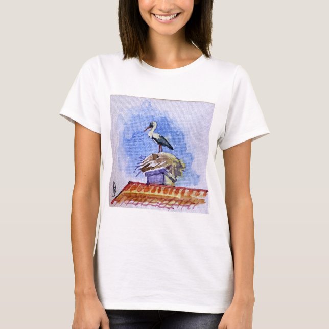 T-shirt cigogne dans le nid, aquarelle (Devant)