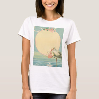 T-shirt Cigogne vintage avec bébé fille dans une couvertur