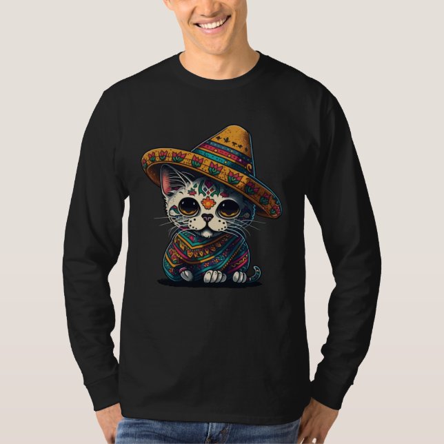 T-shirt Cinco De Mayo Sugar Skull Cat Sombrero Mexican (Devant)