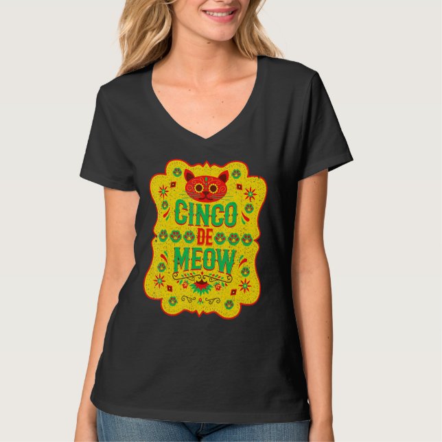 T-shirt Cinco De Meow Mayo Floral Cute Cat Mexican Fiesta  (Devant)