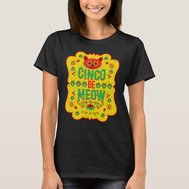 T-shirt Cinco De Meow Mayo Floral Cute Cat Mexican Fiesta  (Devant)