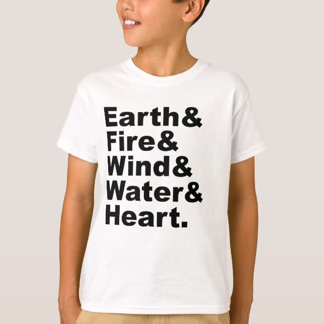 T-shirt Cinq Éléments | Terre Feu Vent Eau & Cœur (Devant)
