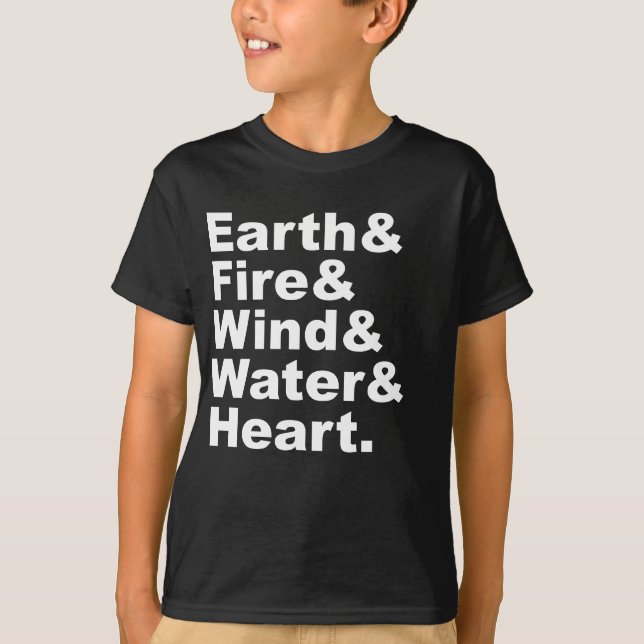 T-shirt Cinq Éléments | Terre Feu Vent Eau & Cœur (Devant)