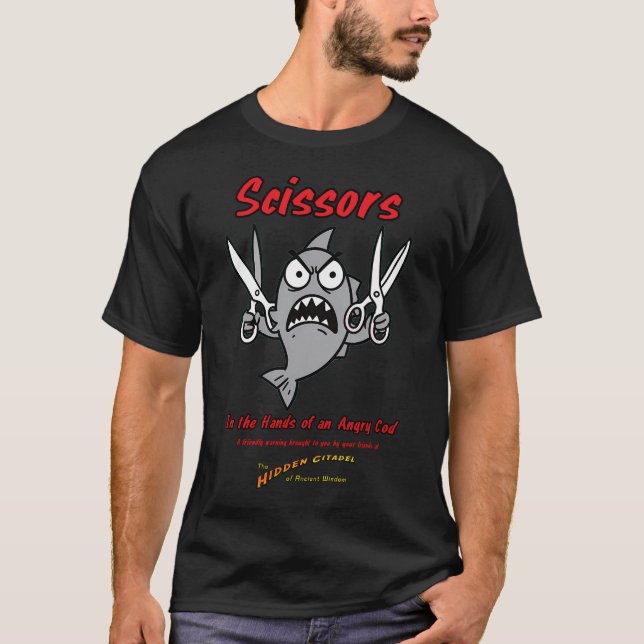 T-shirt Ciseaux dans la main d'un Morue en colère ! (Devant)