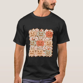 T-shirt Citrouille Automne Rétro Avec Fleurs Souriant Visa