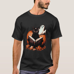 T-shirt Citrouille avec chat et Boo lisant un livre. Hallo
