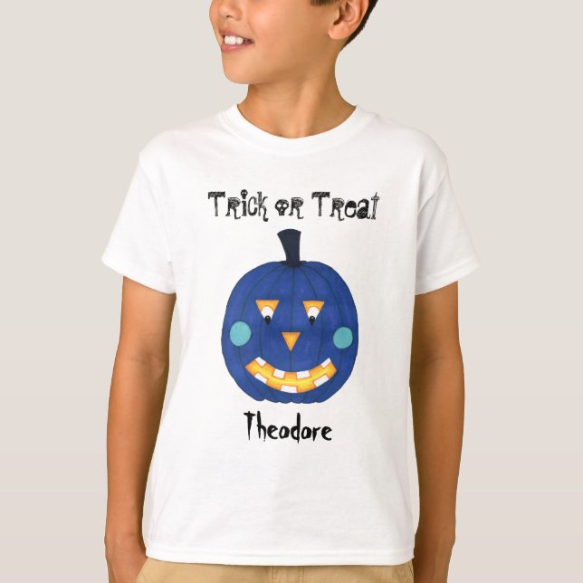 T-shirt Citrouille bleu Jack-o'-lantern Nom de l'étiquette (Devant)